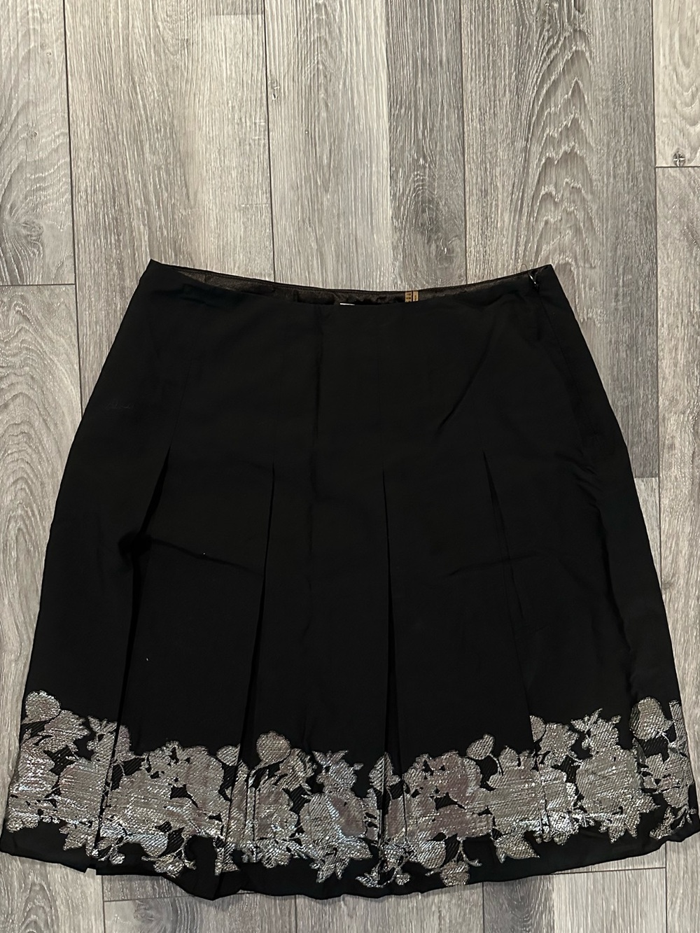Tahari Black A-Line Skirt with Silver Floral Trim